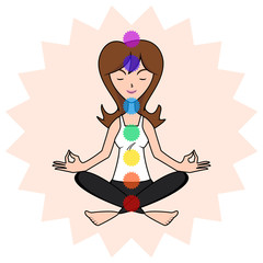 Woman meditating, chakra energy colors
