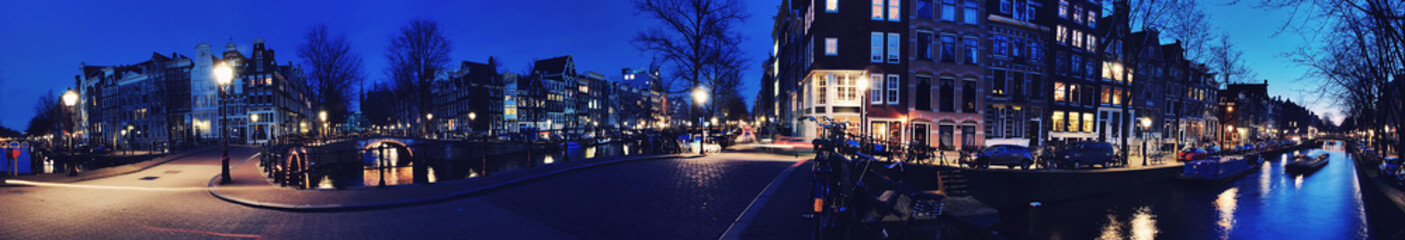 Fototapeta na wymiar Panorama of Amsterdam, Netherlands canals and bridges