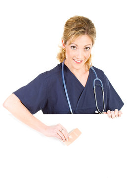 Doctor: Nurse Holding Bandage Over Blank Area