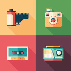 Set of vintage photo and audio flat icons with long shadows.