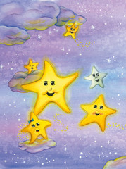 Cute happy stars over the night sky. Watercolor illustration.