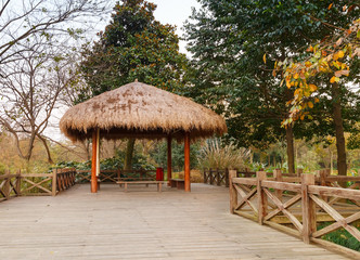 Fototapeta na wymiar Wooden pathway and traditional Chinese gazebo