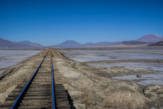 Rail track in Salar de Uyuni in Bolivia