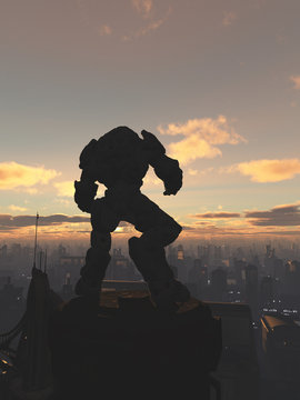 Future City - Robot Sentinel at Sunset
