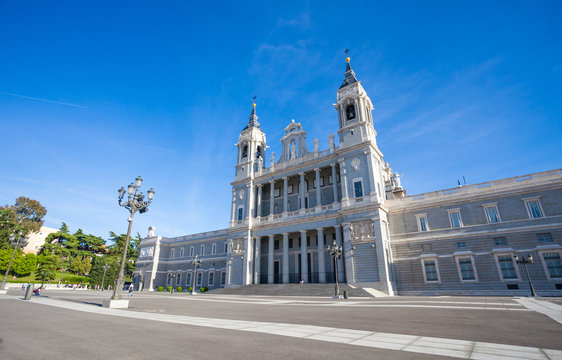 Cathedral Almudena with tourists on a spring day in Madrid