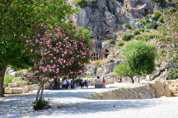 The rock-cut tombs in Myra and Bougainvillea tree, Antalya, Turk