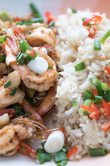 Prawns fried with chilies and green onions, Asian cuisine food