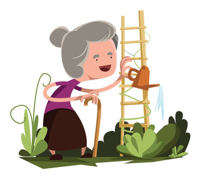 Old Granny Watering Garden Vector Illustration Cartoon Character