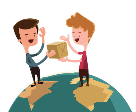 Exchanging gifts over world illustration cartoon character