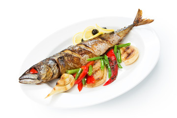 Restaurant food isolated - whole grilled mackerel