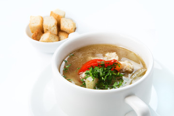 Restaurant food isolated - white fish soup with croutons