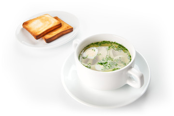 Restaurant food isolated - chicken noodle soup with toast