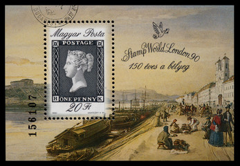 Stamp printed in Hungary shows the World's first stamp