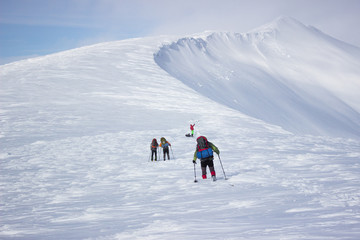 winter hiking in the mountains.