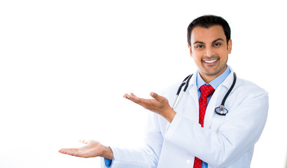health care professional with stethoscope pointing at copy space