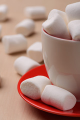 Closeup of marshmallows placed in the cup and saucer