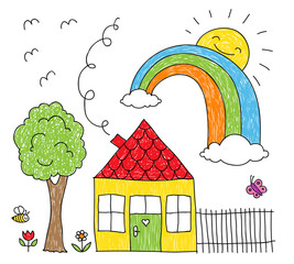 Kid's drawing of a house, rainbow and tree - obrazy, fototapety, plakaty