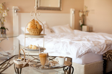 Room service. Nicely served breakfast in bedroom