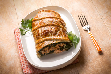 strudel stuffed with fresh salmon and spinach