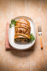 strudel stuffed with fresh salmon and spinach