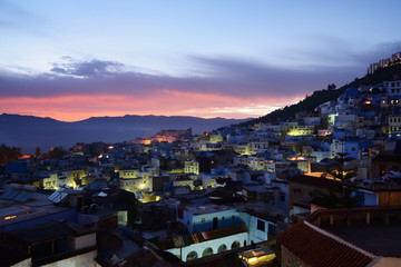 Morocco. Blue medina of Chefchaouen city at sunset