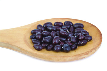 Uncoocked red beans on wooden spoon. Gernika beans.