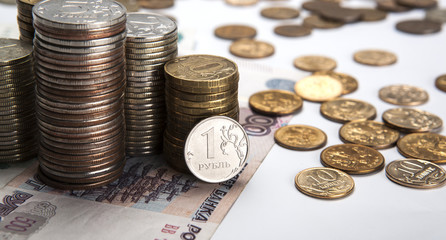stacks of Russian rubles with note