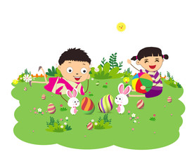Obraz na płótnie Canvas happy easter eggs with kids and bunny funny