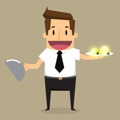 Businessman eat electrical bulb, symbol of idea