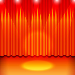 A theater stage with a orange curtain and a spotlight. Vector.