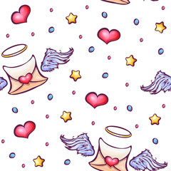 Vector seamless pattern with love letters and stars - obrazy, fototapety, plakaty