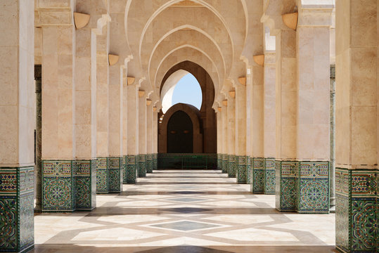 Morocco. Arcade of Hassan II Mosque in Casablanca