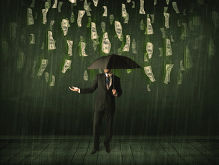 Businessman standing with umbrella in dollar bill rain concept