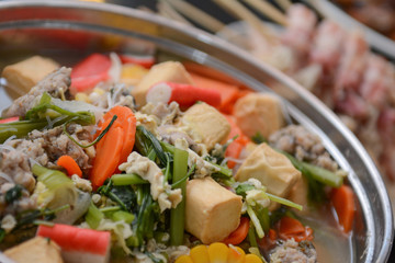 sukiyaki meat and vegatable with pork soup in pot