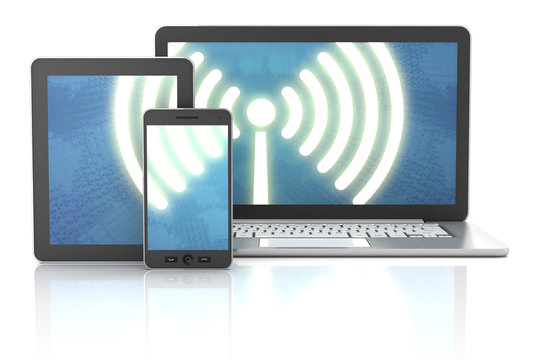 Smartphone, tablet and laptop wireless connection, 3d render