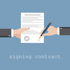 Vector agreement icon - hand signing contract on white paper