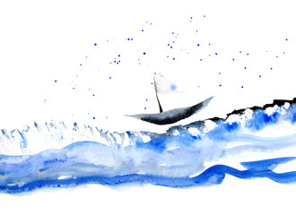 Ship running on the waves. Watercolor