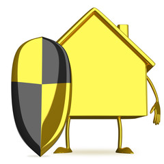 Gold cottage character with shield