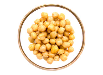 Chickpeas on bowl on white background seen from above