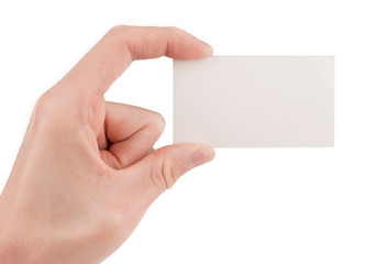 Obraz premium Hand holding a blank business card isolated on white
