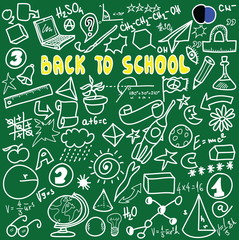 Back to school big doodles set isolated on green, cartoon