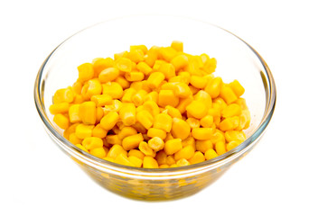 Sweet corn on glass bowl on white background