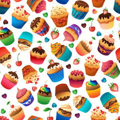Super cupcake seamless pattern. Chocolate and vanilla desserts
