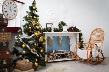 Interior with Christmas decorations. Living room