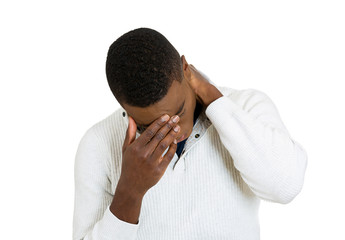 Headshot Depressed sad young man isolated white background 