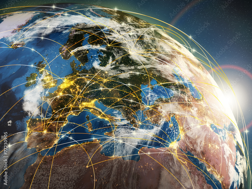 Poster globalization or communication concept. earth and luminous rays