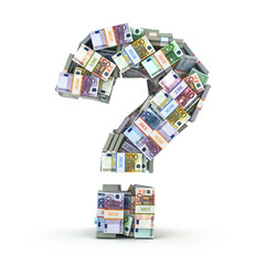 Question sign from packs of euro isolated on white.