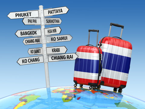 Travel concept. Suitcases and signpost what to visit in Thailand