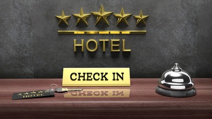 Obrazy  Dzwonek hotelowy i klucz na drewnianym biurku recepcji