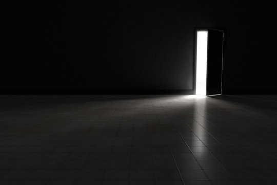 Open door to dark room with bright light shining in.  Background